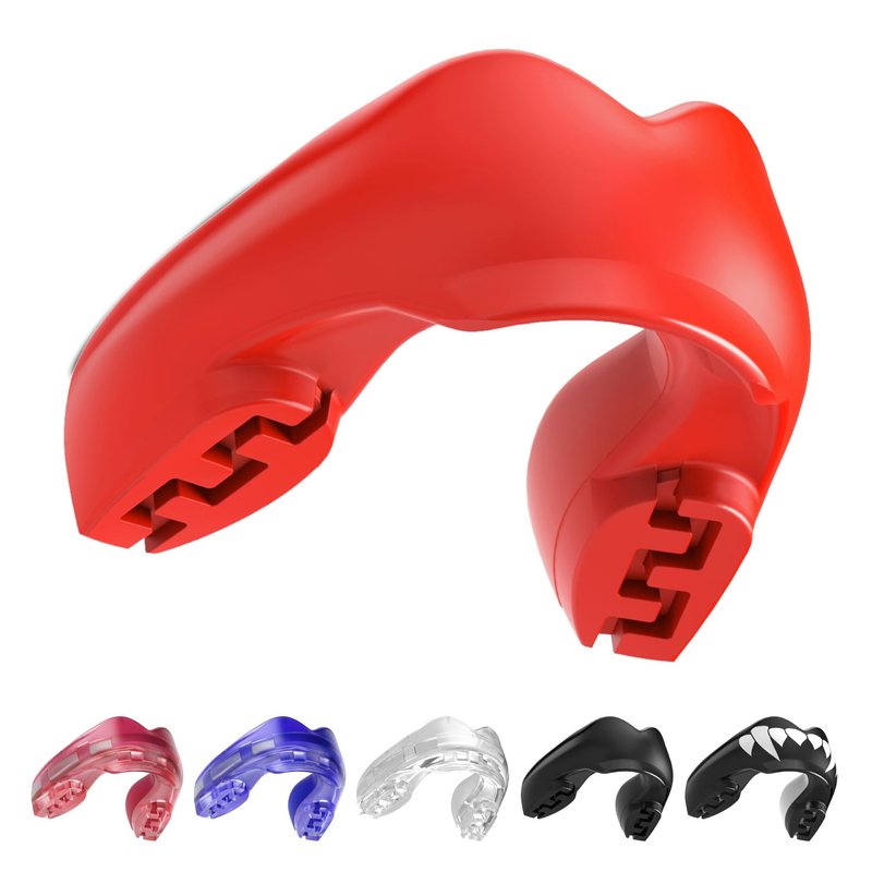 SAFEJAWZ Mouth Guard for Braces, Upper & Lower Protection Mouthguard with Case, Easy Fit Remoldable Mouthpiece for Football, Boxing, Lacrosse, MMA, Basketball & All Contact Sports (One Size, Red)