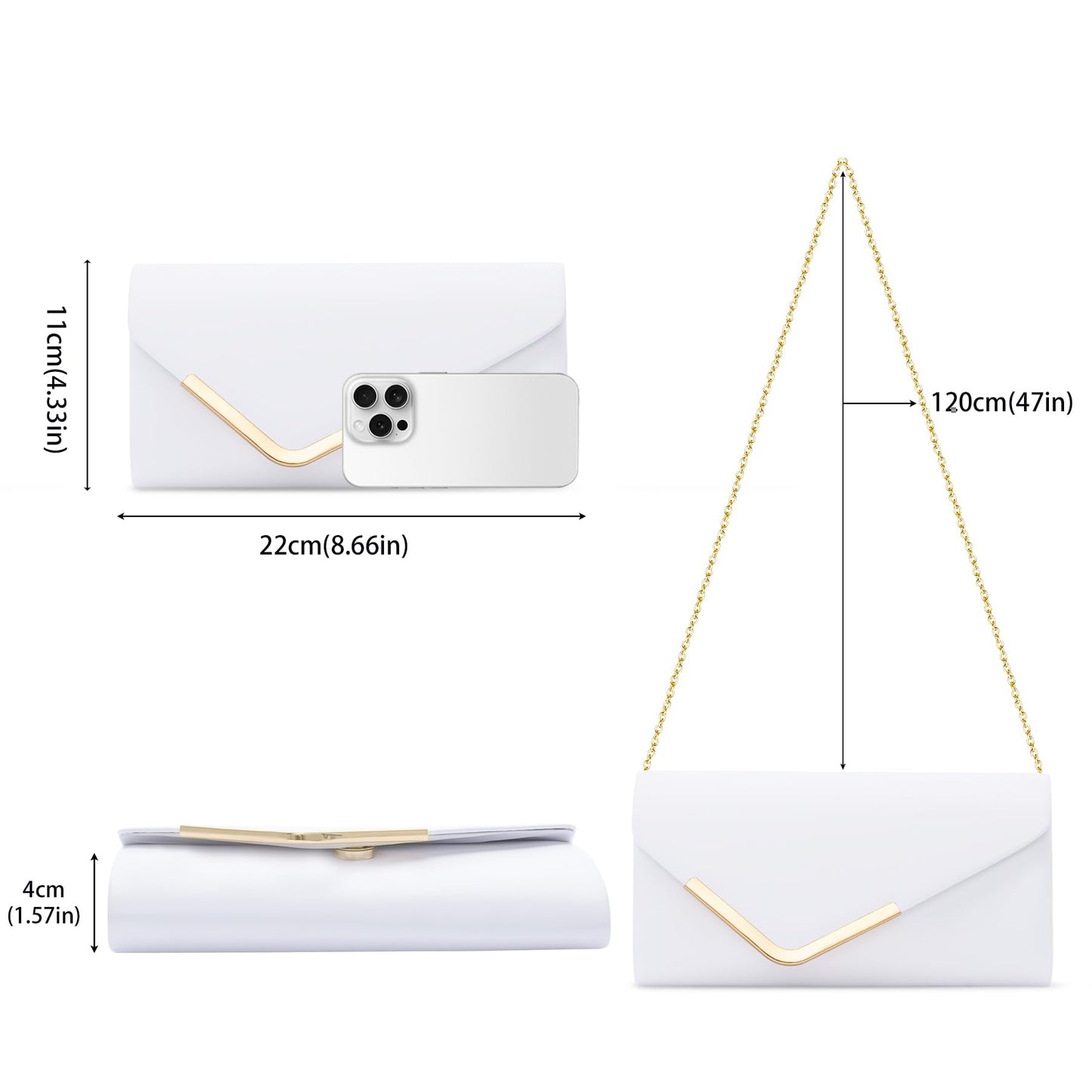 Larcenciel Women's Clutches, Leather White Clutch Bags for Women w/Detachable Chain, Envelope Evening Handbag, Minimalist Cross Body Shoulder Bag Purses Wallet for Women Bridal Prom Party Wedding