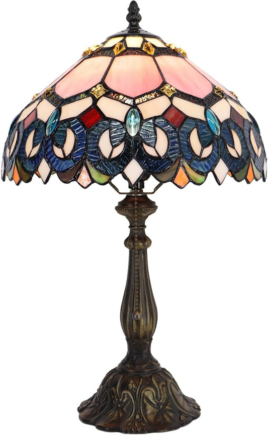 Tiffany Lamp Pink Stained Glass Table Lamp Bedside Reading Light W12H19 Inches (Pink Baroque Style)