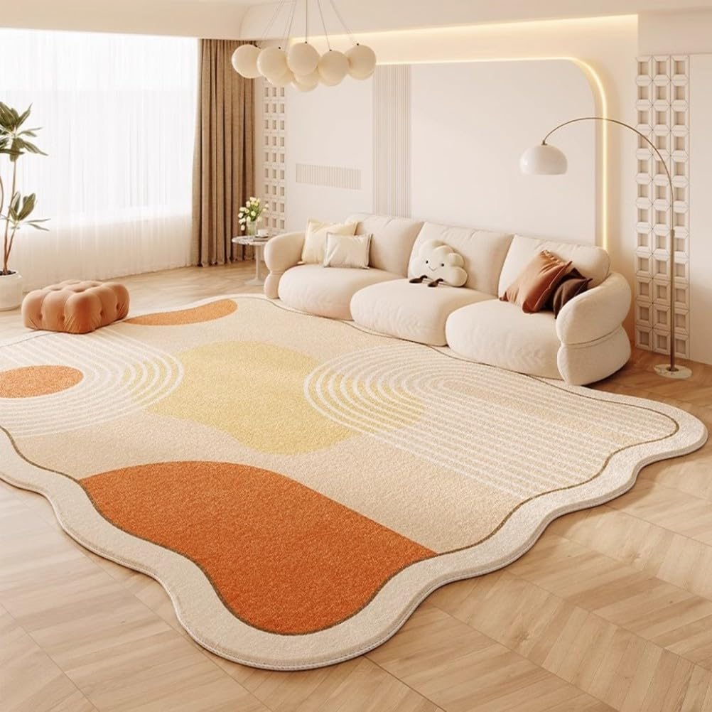 Unique Minimalist Geometric Cream Style Beige Orange Yellow Irregular Shaped Rug for Living Room Bedroom Diningroom Soft Wool Foldable Quick Dry Carpet Under Table Office Aesthetic Floor Rug 5x7