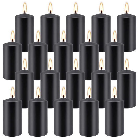 Grcdoyvl Set of 20 | 2-Inch Wide x 4-Inch Tall Black Pillar Candles - Elegant Décor for Home, Events, and Celebrations - Deep Black Finish