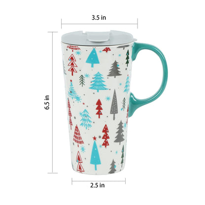 Topadorn Christmas Tree Ceramic Mug Coffee Cup with Spill-proof Lid and Box, 17 Oz.
