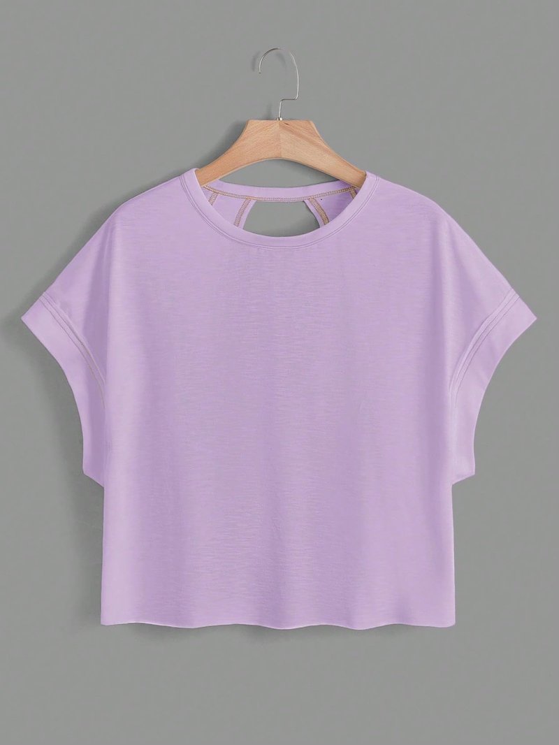 WDIRARA Women's Back Keyhole Workout Yoga Tops Loose Fit Short Sleeve T Shirt Lilac Purple L