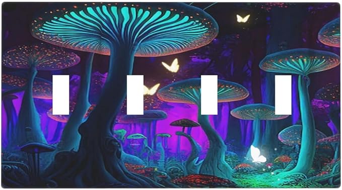 Fantasy Mushroom Forest Glowing Butterfly Quad Gang Toggle Light Switch Cover 4-Gang Wall Plates Decorative Electrical Switchplate for Home Bedroom Art Decorate