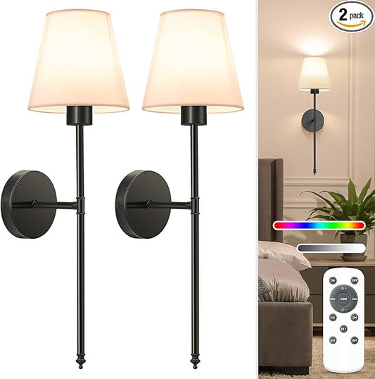 NIORSUN Battery Operated Wall Sconce Set of 2,Black Rechargeable Wall Lights with 5200mAh Dimmable Detachable Bulbs and Remote, 10 Colors Wireless Wall Lamps for Bedroom Living Room Hallway Decor