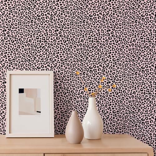 Leopard Print Peel and Stick Wallpaper, Modern Wallpaper Pink and Black Classic Design Contact Paper Rmovable Self Adhesive Wall Papers for Bedroom Bathroom Cabinet 17.7¡¯¡¯x118¡¯¡¯