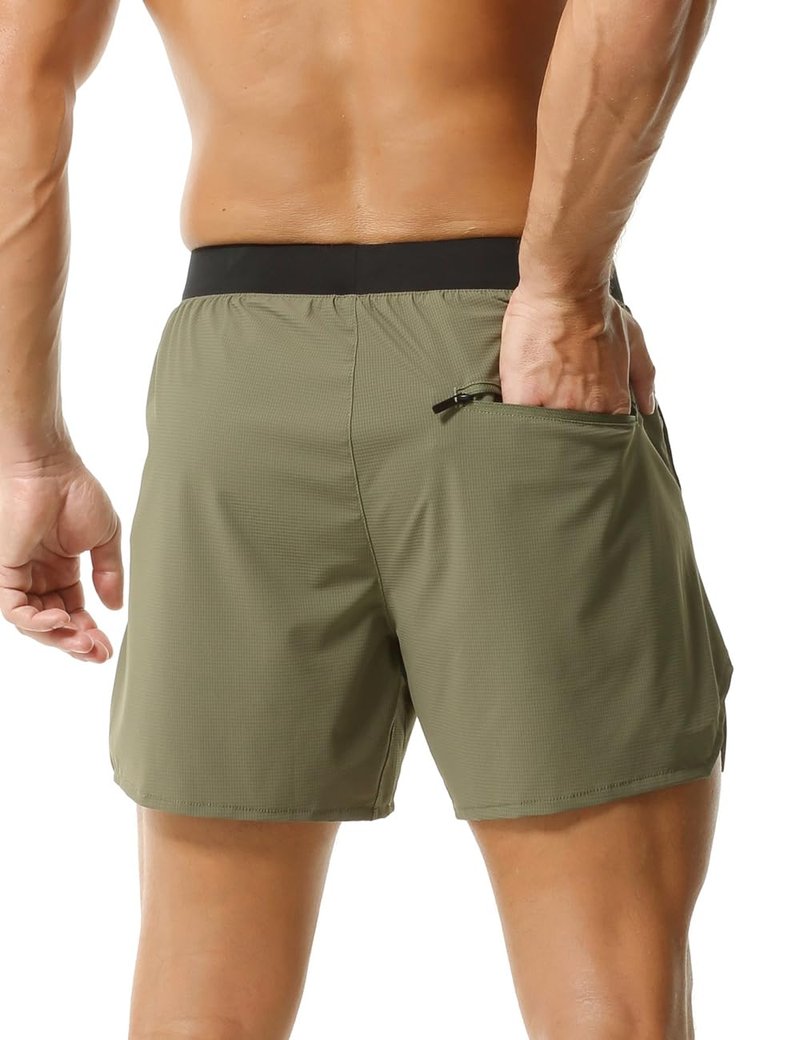 Rexcyril Men's Gym Workout Running Shorts 5 Inch Quick Dry Athletic Bodybuilding Shorts with Zipper Pockets, ArmyGreen/Black, Small