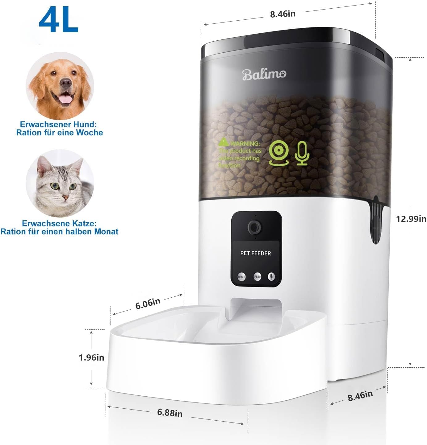 Balimo Automatic Cat Feeder with HD 1080P Video, 4L WiFi Automatic Cat Feeder with App Control & Night Vision, up to 20 Servings and 8 Meals per Day (Only 2.4G WiFi)