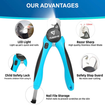 iToleeve LED Dog Nail Clipper with Light, Illuminates Nails or Bloodline for Safe and Easy Trimmers, Extra Sharp for Hard Claws, Quick Sensor, Safety Guard, Avoid Over Cutting Toenail, for Cat & Dog