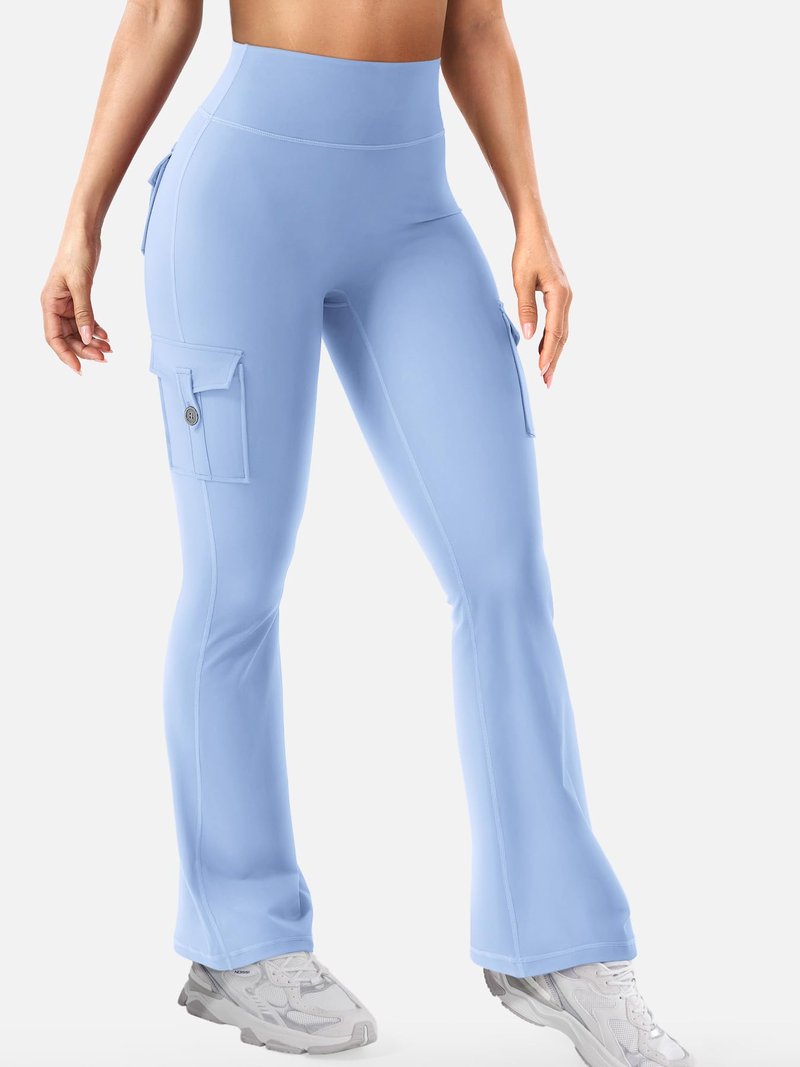 YEOREO CoreFlex Women Workout Flare Leggings with Pockets Scrunch Cargo Gym Yoga Leggings Light Blue M