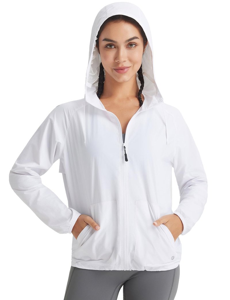 baleaf Women's Sun Jackets No Insert Lightweight Hiking Hoodie UPF 50+ Workout Mosquito Clothes Long Sleeve UV with 2 Pockets White M
