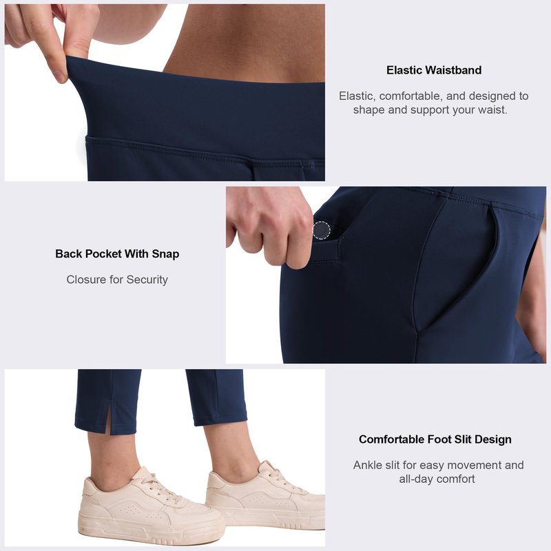 QBK Women's Petite Ankle Pants - 25"/27" Stretchy Business Casual Slacks, Pull On Work Dress Pants with Pockets for Travel, Golf & Yoga(Navy,M,25" Inseam)