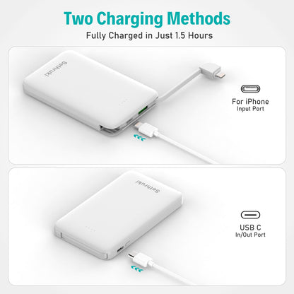 Slim Portable Charger with Built in USB C Cable,20W Fast Charging Power Bank,Small Mini Lightweight Phone Battery Pack 6000mAh,Ultra Thin Travel Essentials for iPhone 17 16 15 Series,Samsung,Android