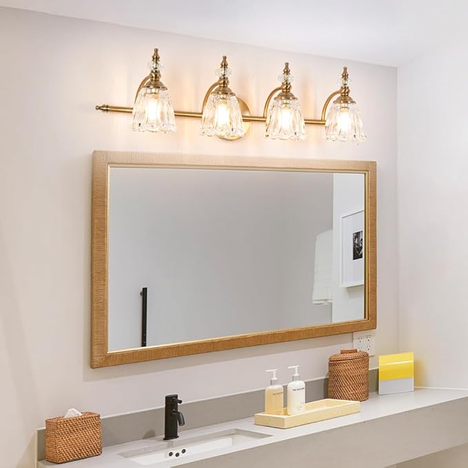 Gold Bathroom Light Fixtures 4 Lights, Antique Brass Vanity Light, Vanity Light Over Mirror, Vintage Bathroom Light with Clear Flower Glass, Lights for Wall Interior Hallway