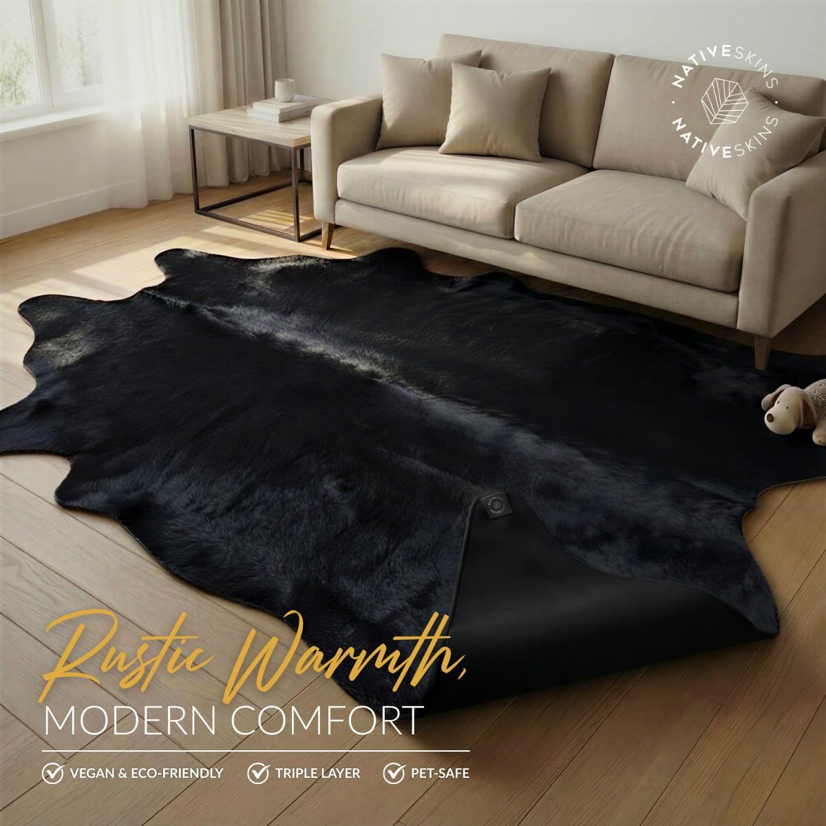 NativeSkins Faux Cowhide Rug – Midnight Black (Large) | 4.6ft x 6.6ft | Triple-Layer Support | Ultra-Soft Pile | Hand-Cut, Faux Suede No-Slip Backing | Western Rug | Cow Hide Animal Print
