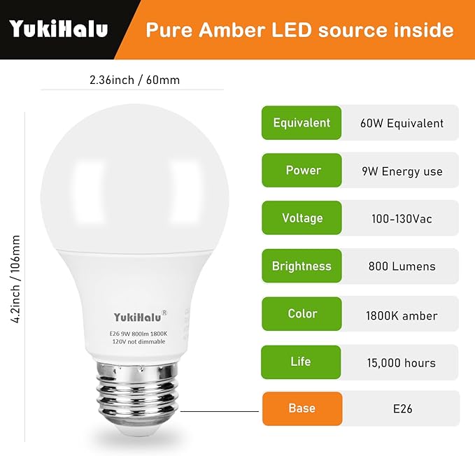 YukiHalu LED Amber Light Bulbs, A19 1800K E26 800Lm, 60W Equivalent Soft Warm Sleep Light Bulbs for Healthy Sleep, Baby Nursery Light, Bedroom Night Light, Not-Dim, 2-Pack