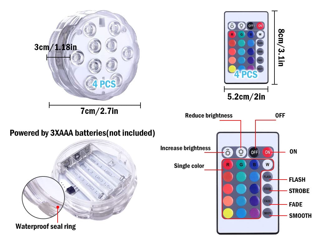 Hitopin 4 Pieces Submersible LED Lights, Waterproof Underwater Submersible Led Lights, with Remote Control, Waterproof Underwater Lights, Pond Lights, for Decorate Party, Wedding, Halloween, Christmas