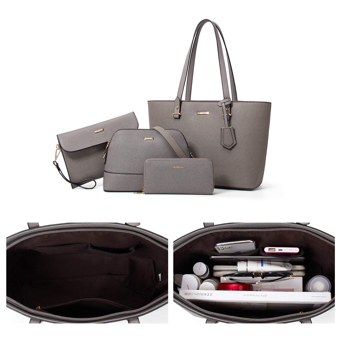 Women Fashion Synthetic Leather Handbags Tote Bag Shoulder Bag Top Handle Satchel Purse Set 4pcs, Grey