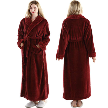 Dressing Gown Women Full Length Robe Plus Size Fleece Winter Warm Bathrobe, UK14-20(label XL), Wine Red