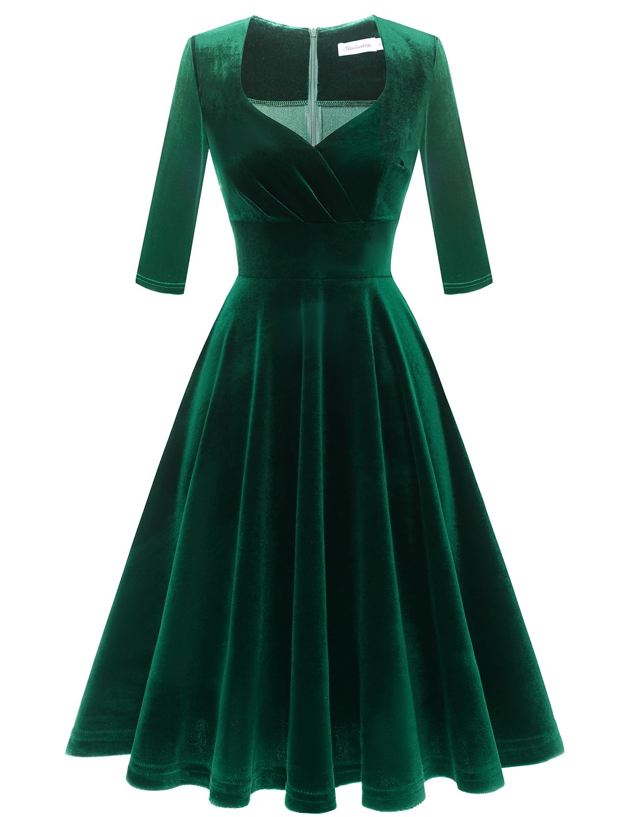 Bbonlinedress Women Long Sleeve Velvet Formal Vintage Cocktail Party Winter Christmas Wedding Guest Dress V-Dark Green XL