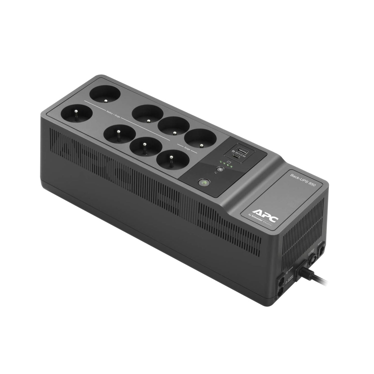 APC Back-UPS "Essential" BE850G2-FR - Surge Arrester UPS with 850VA Battery Backup (8 Outlets, Surge Protector, 2 USB Fast Charging Ports, Type-A and Type-C)