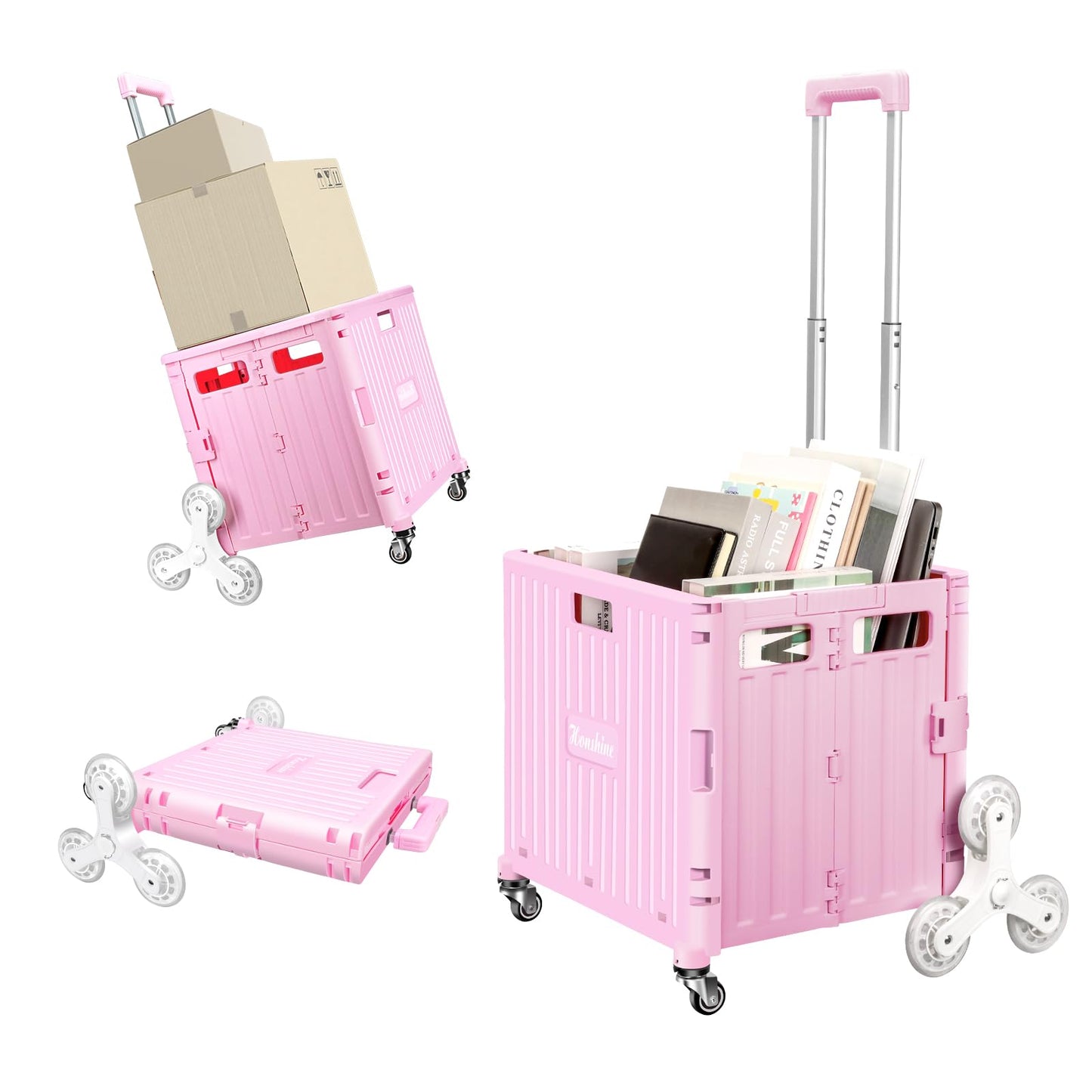 Foldable Rolling Cart for Stair Climbing: Rolling Crate for Grocery File Office Book (Pink)