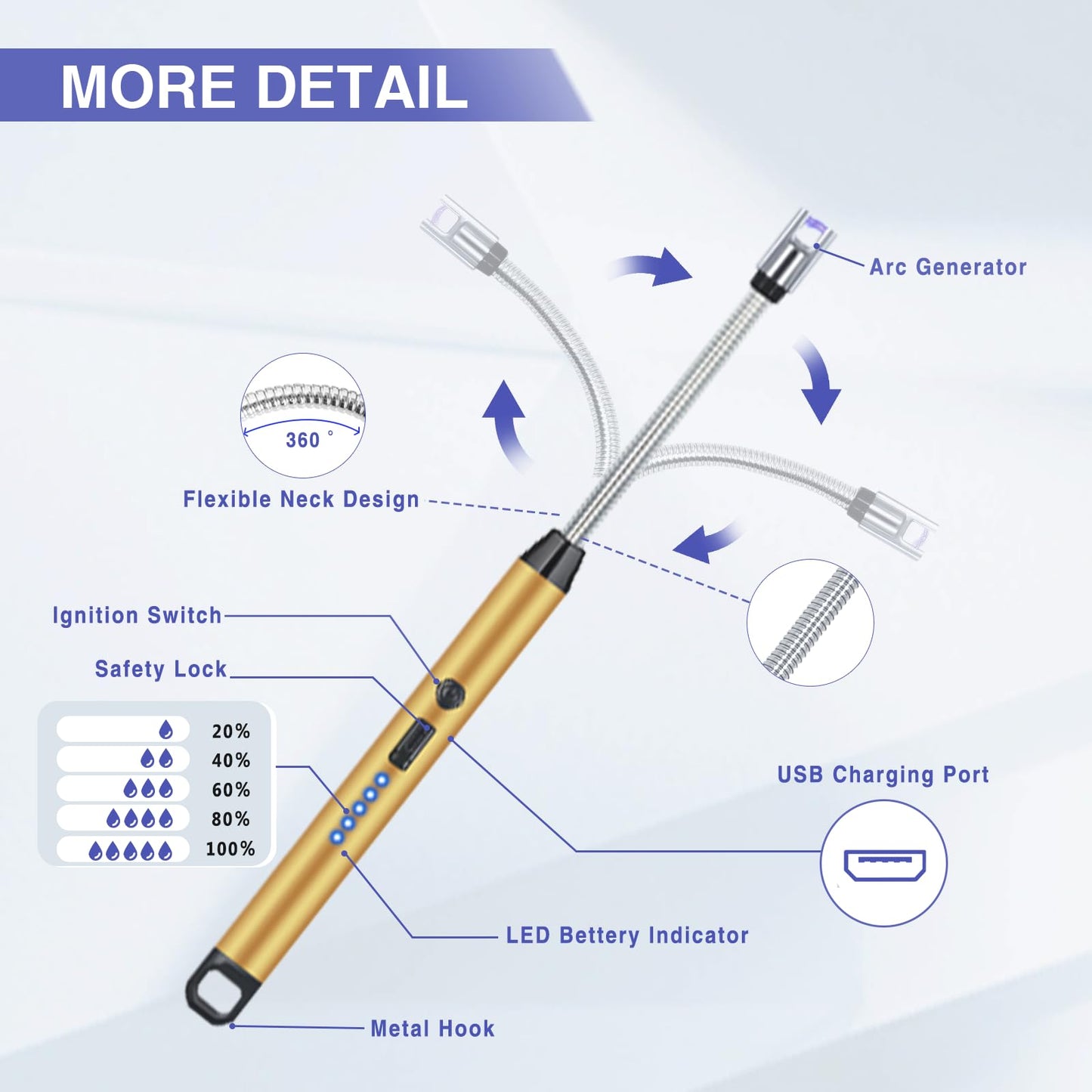 2 PCS Candle Lighter, Lighters for Candle Arc Windproof Flameless with 360° Flexible Neck & LED Power Display, Electric Lighter for BBQ, Grill, Camping, Fireplace, Stove(Gold)