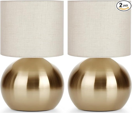 Modern Small Table Lamp Set of 2, Minimalist Nightstand Bedside Lamps with One-Button Inline Switch, 10.4 Inch Desk Light for Bedroom, Living Room,Including Light Bulb（Golden）