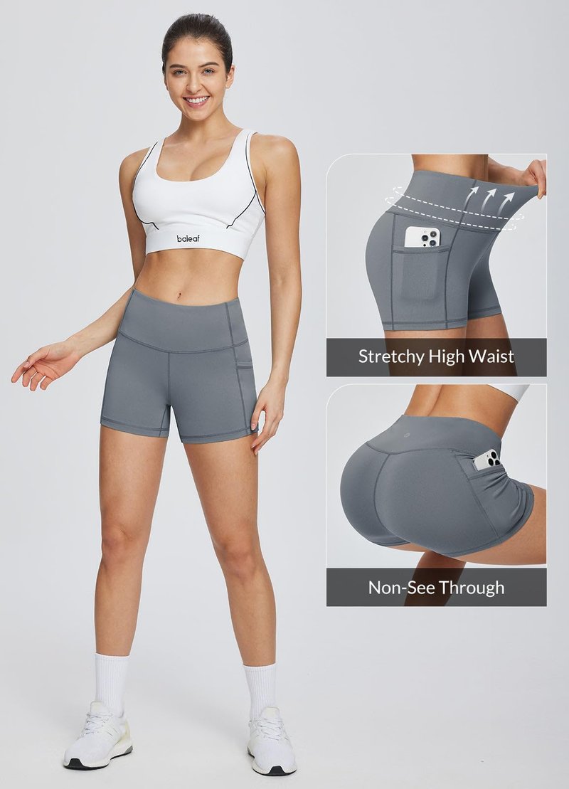 baleaf Gym Workout Shorts Women 3" Biker Yoga Spandex Running Volleyball Tummy Control Compression Short with Pockets Grey XL