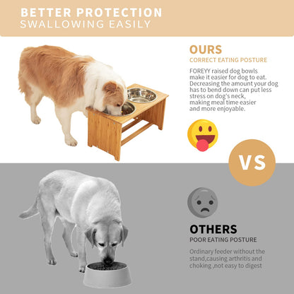 FOREYY Raised Dog Bowls for Cats and Dogs - Bamboo Elevated Dog Cat Food and Water Bowls Stands Feeder Dishes with 2 Stainless Steel Bowls and Anti Slip Feet (Small - 10 cm high)