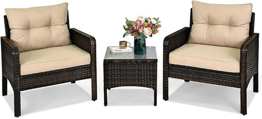 HAPPYGRILL 3 Pieces Patio Furniture Set Outdoor Rattan Wicker Coffee Table & Chairs Set with Seat Cushions Patio Conversation Set for Garden Balcony Backyard Poolside