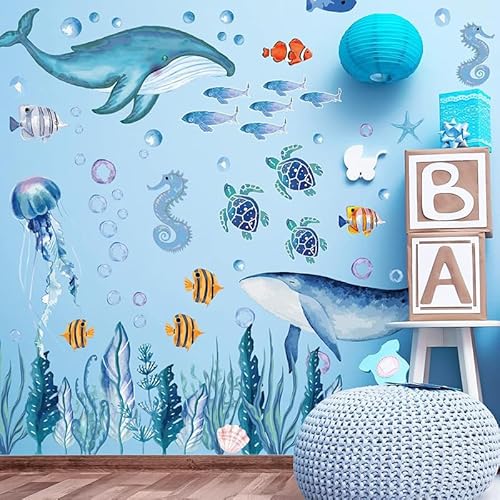 142 Pcs Ocean Wall Decals, Marine Life Peel and Stick with Turtles & Whale Shark, Non-Toxic Vinyl Stickers for Kids Room Nursery Bathroom Decor (Blue)
