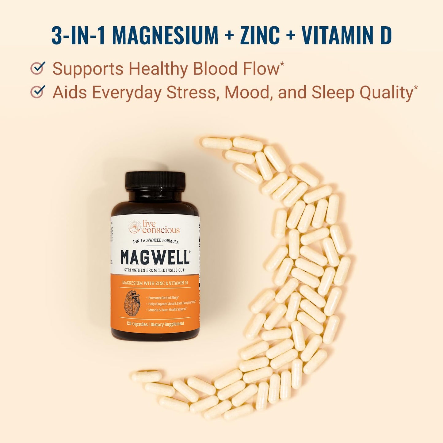 Live Conscious MagWell Magnesium Supplement with Zinc & D3 - Complex with Bisglycinate, Citrate, Malate - High Strength for Sleep - 120 Capsules