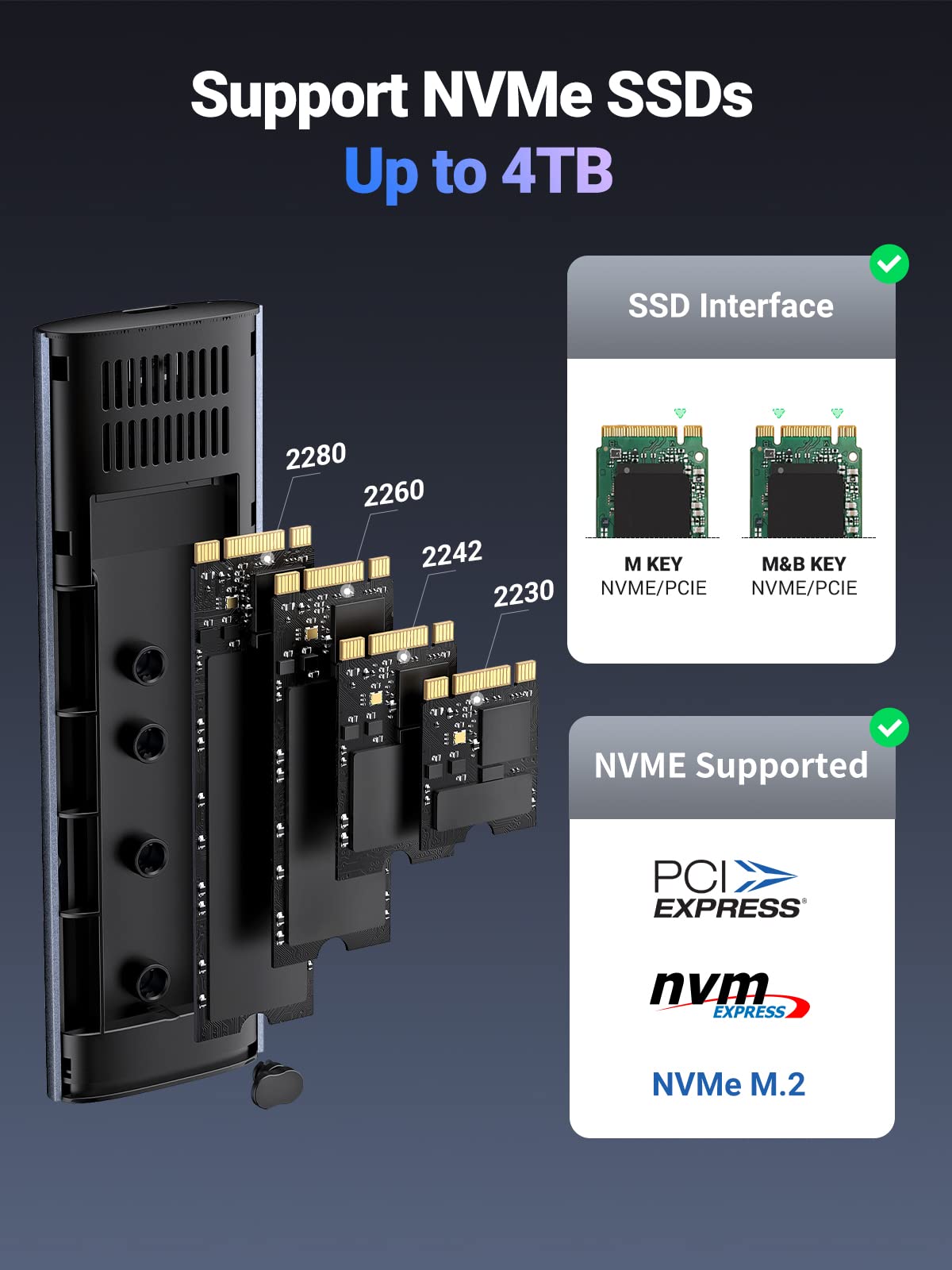 UGREEN M.2 NVMe SSD Enclosure, USB 3.2 Gen 2 10Gbps NVMe Enclosure, Aluminum Tool-free Hard Drive Enclosure Support UASP & TRIM for M and M&B Key in 2230/2242/2260/2280 SSDs
