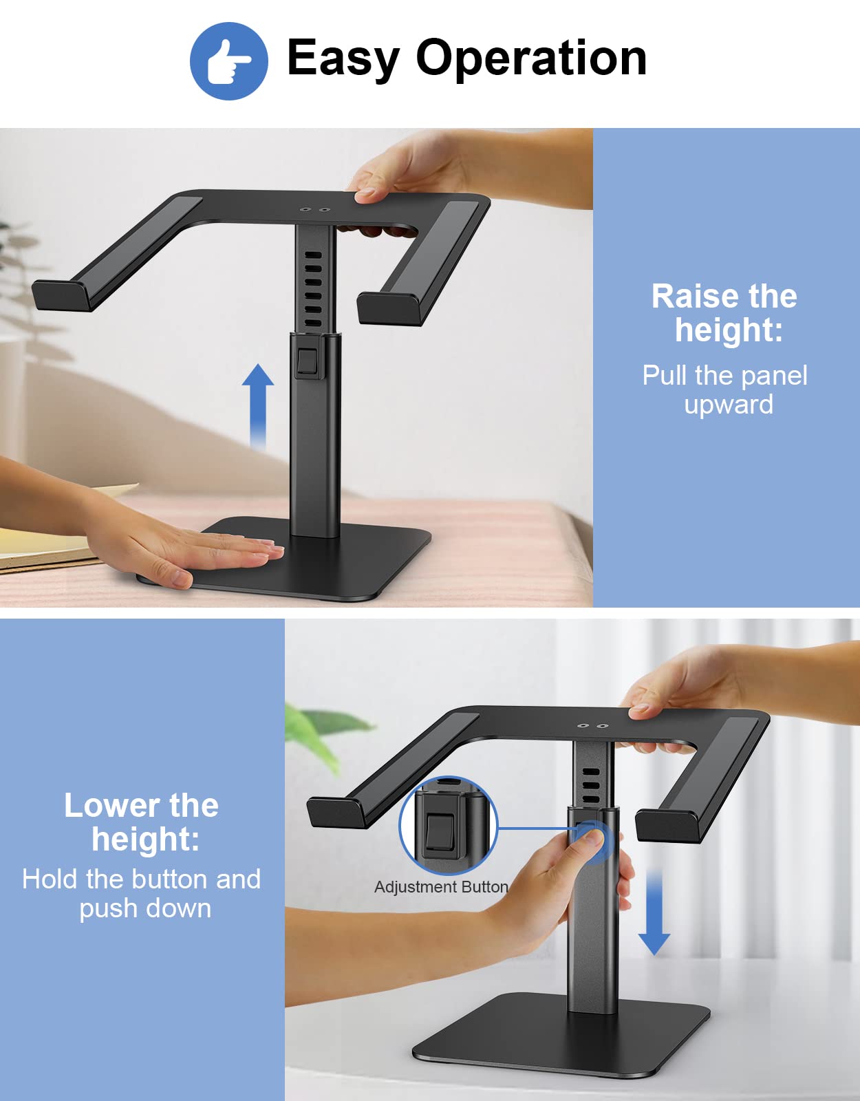 Babacom Laptop Stand for Desk, 8 Adjustable Height Aluminum Laptop Riser, Ergonomic Computer Stand Sit to Stands Desktop Book Stands Compatible with MacBook, Air, Pro and More 10"-16" Notebooks-Black