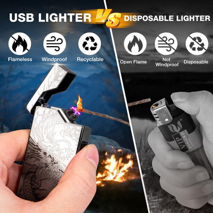 Electric Arc Plasma Lighter Portable, Rechargeable USB Lighter Windproof and Flameless for Outdoor Camping and Hiking, Cool Dragon Lighters for Men, Gifts for Him Men Father (Black)