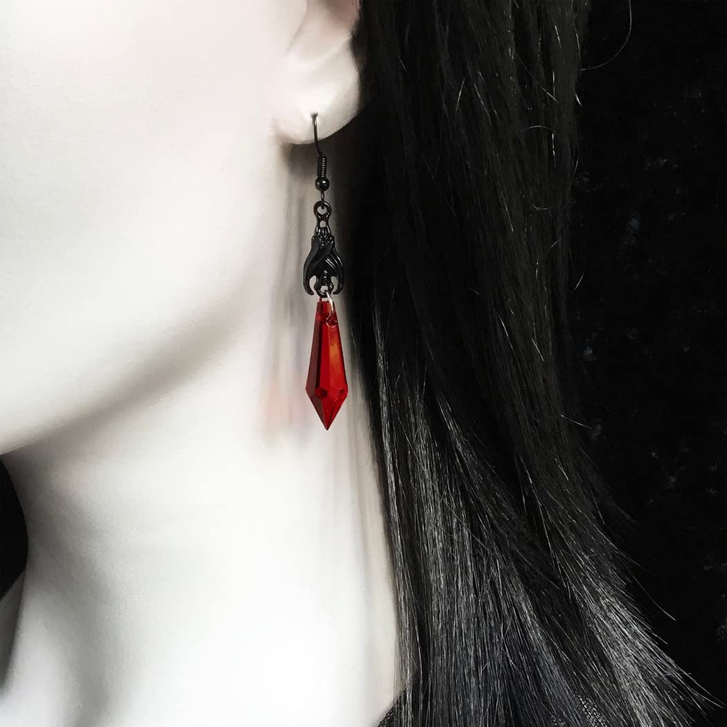 Gothic Dark Bat Dangle Earrings Red Black Crystal Gems Bat Earrings Punk Rock Style Bats Animal Earrings Halloween Costumes Earrings Jewelry for Women (Red)