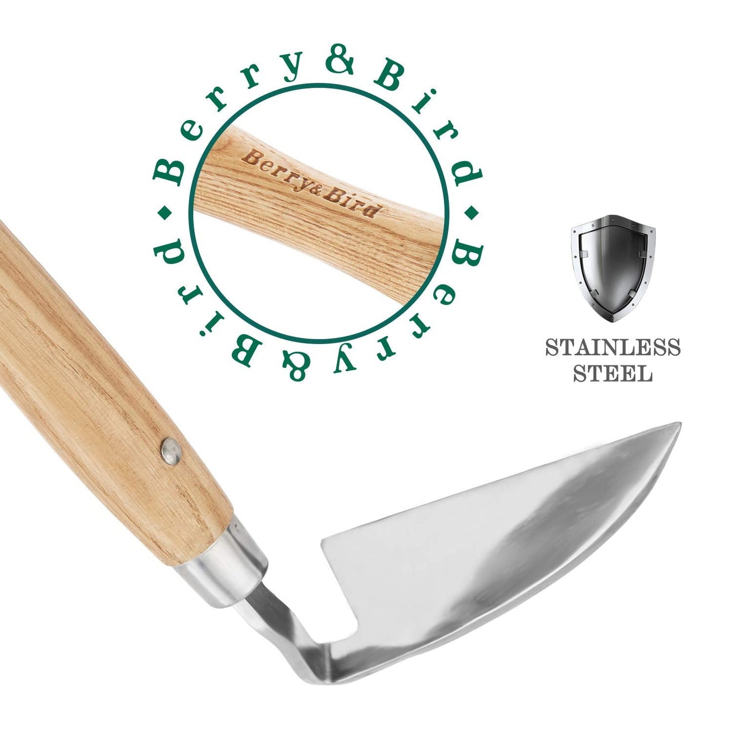Berry&Bird Stainless Steel Bent Angle Gardening Sickle, Weed Scraper-Hoe with Ergonomic Ash Wood Handle, 12.67-Inch Blade for Weeding & Soil Loosening