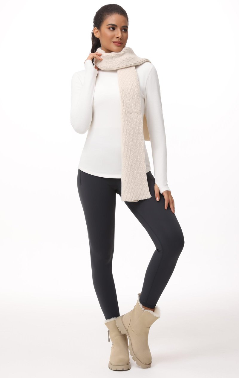 THE GYM PEOPLE Fleece Mock Turtleneck Pullover Base Layer Shirts Long Sleeve Workout Tops with Thumb Hole Beige