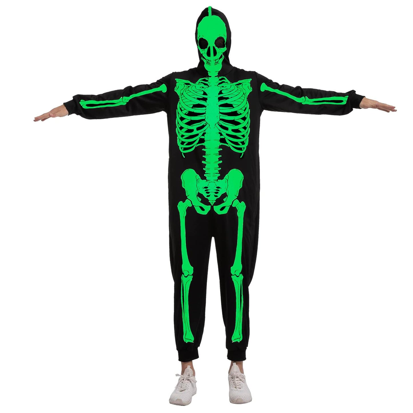 Spooktacular Creations Skeleton Costume Adult Women, Glow in the Dark Costume, Plush Skeleton Pajama Zippered Hoodie for Halloween Dress Up Parties-M