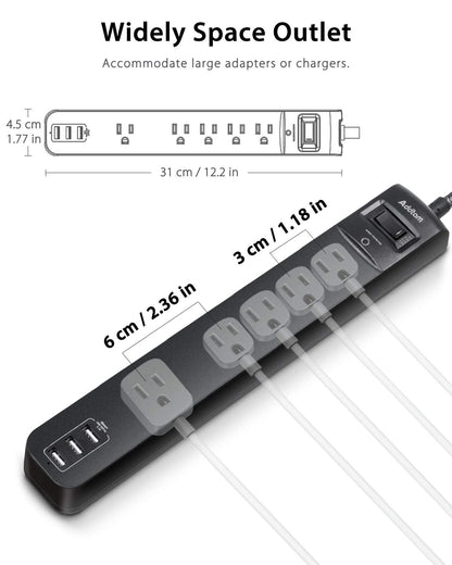 2 Pack Power Strip Surge Protector - 6Ft Extension Cord with 5 Widely Outlets 4 USB (2 USB C) Port, 1875W/15A, Wall Mount, Flat Plug, Desk Charging Station for Home Office College Dorm Room Essentials