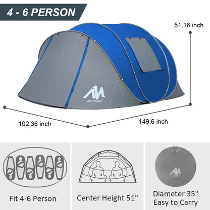 AYAMAYA Pop Up Tent 6 Person Easy Pop Up Tents for Camping with Vestibule, Double Layer Waterproof Instant Setup Popup Tent Big Family Camping Tents Beach Pop-up Tent Space for 2/3/4/5/6 People Man