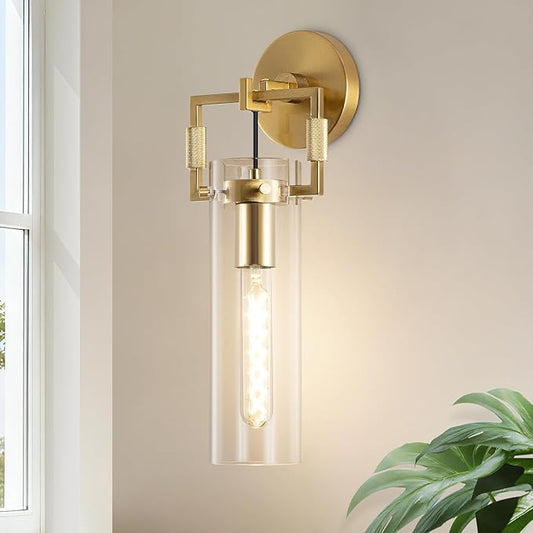 BELS 15inch Gold Wall Sconce, Modern Straight Glass Shade Wall Light, 3000K Warm Light, E26, Hardwired Wall Light Fixtures for Living Room, Bedroom, Dining Room, 1 Pack(Bulb Included)