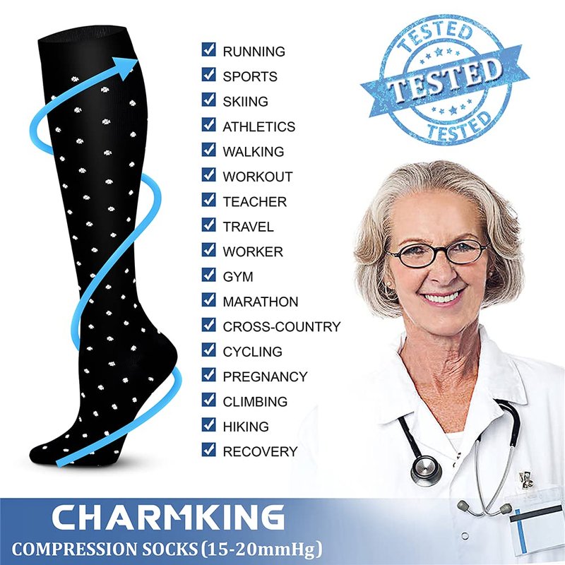 CHARMKING Compression Socks for Women & Men (8 Pairs) 15-20 mmHg Graduated Copper Support Calf Socks are Best for Pregnant, Nurses - Boost Performance, Circulation, Knee High Wide Calf(L/XL, Multi 41)