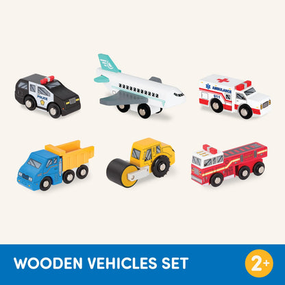 Battat – Wood Cars for Kids – 6pc Toy Vehicle Set – Mini Rescue & Construction Vehicles – Toddler Truck Toys – Wooden Play Cars – Wooden Vehicles Set 2 – 3 Years +