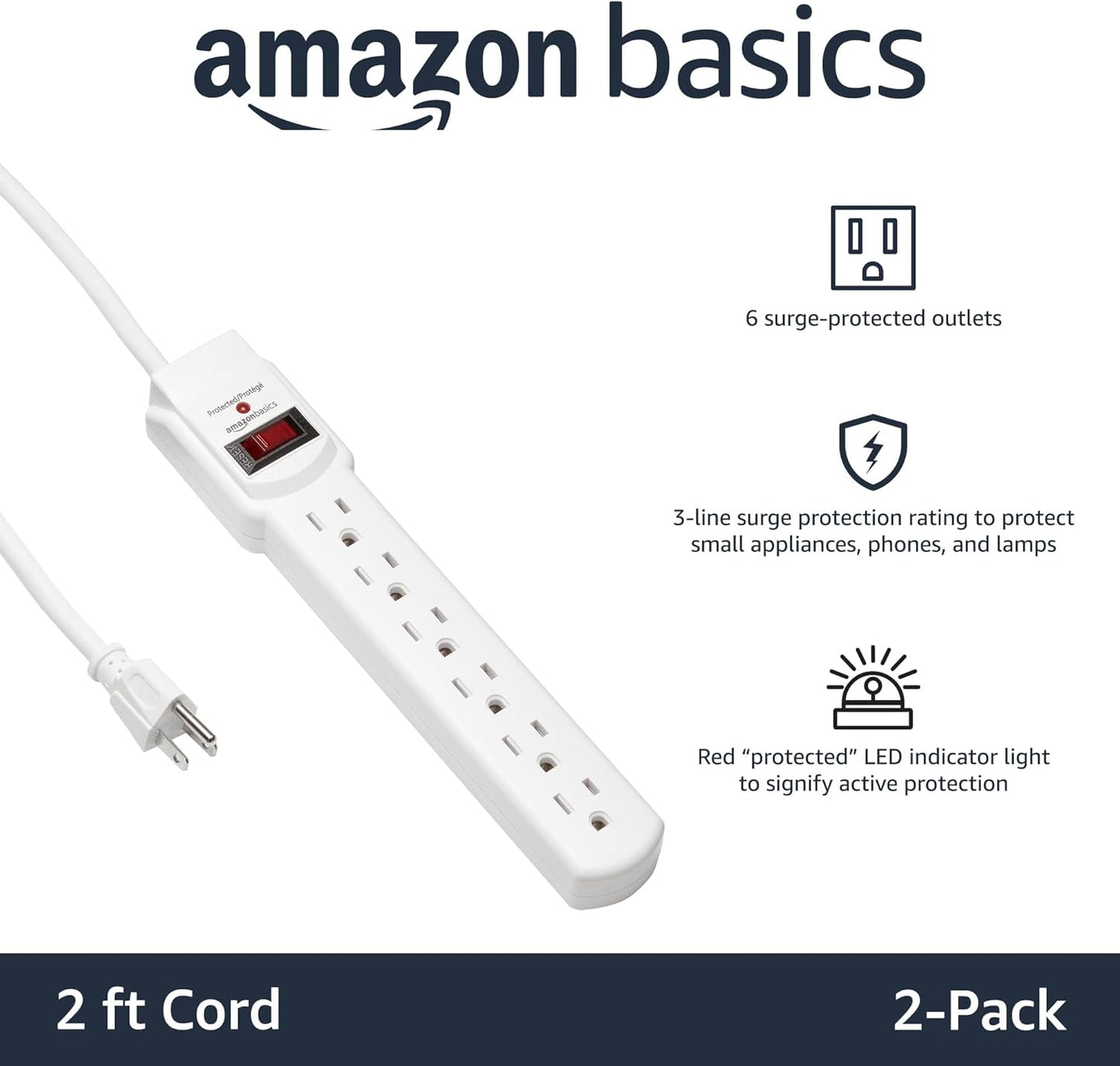 Amazon Basics Rectangle 6-Outlet, 600 Joule Surge Protector Power Strip, 2ft, Small, White, 2-Pack