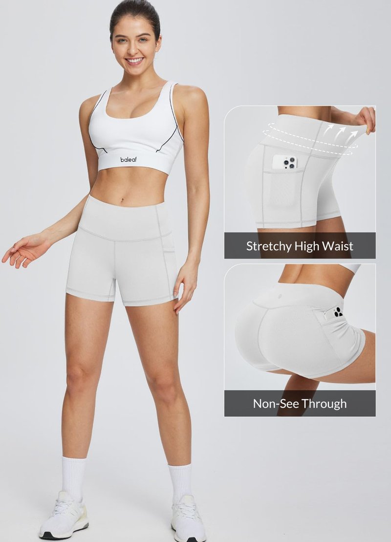 baleaf Gym Shorts Women 3" Biker Workout Yoga Spandex Running Volleyball Tummy Control Compression with Pockets White S