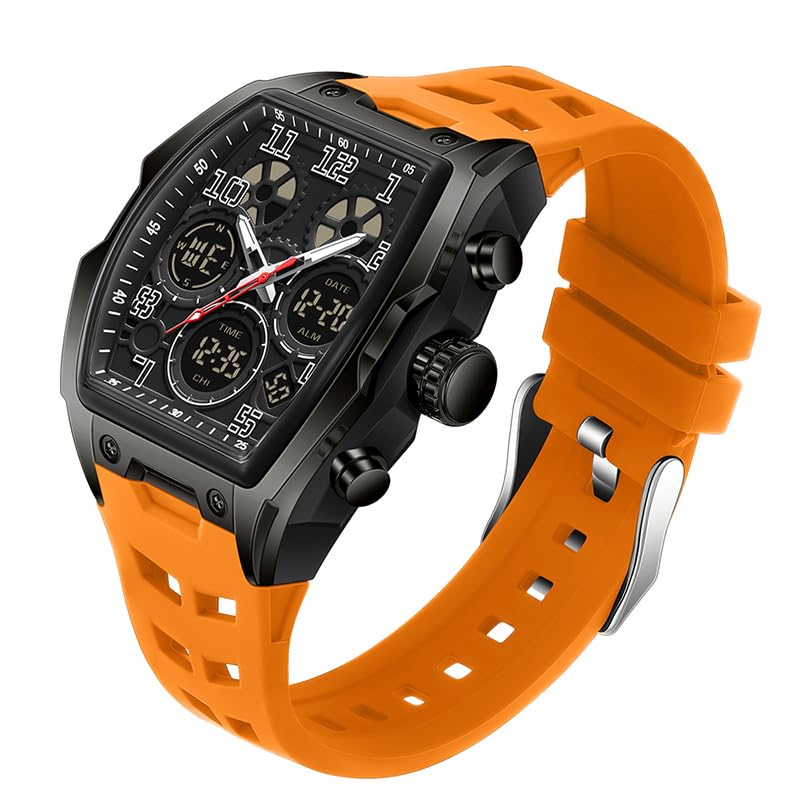 FANMIS Watch for Men Fashion Hollow Unique Rectangle Dial Wristwatch Waterproof Sport Digital Analog Dual Time Display Stopwatch Punk Cool Design Silicon Strap Dress Watch (Orange)