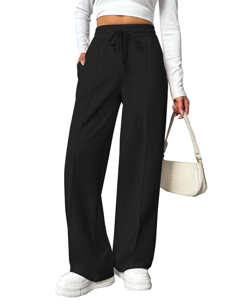 PINSPARK Women Wide Leg Sweatpants Elastic High Waisted Drawstring Casual Pants Straight Leg Long Pant with Pockets Black M