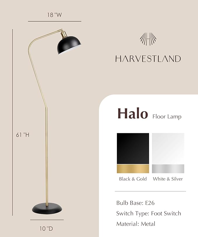 HarvestLand Halo Brass Floor Reading Lamp – Adjustable Modern Reading Light Floor Lamp with Solid Base, Reading Lamps Floor Standing, Black Stand Up Lamps for Living Room or Over Chair Use, Bedroom